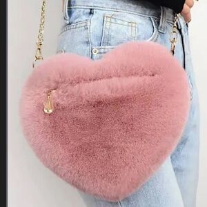 Pink Heart-Shaped Faux Fur Bag. NWOT